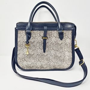 Fossil Classic Leather/Calf Hair Trim Ryder Black Satchel Crossbody Bag